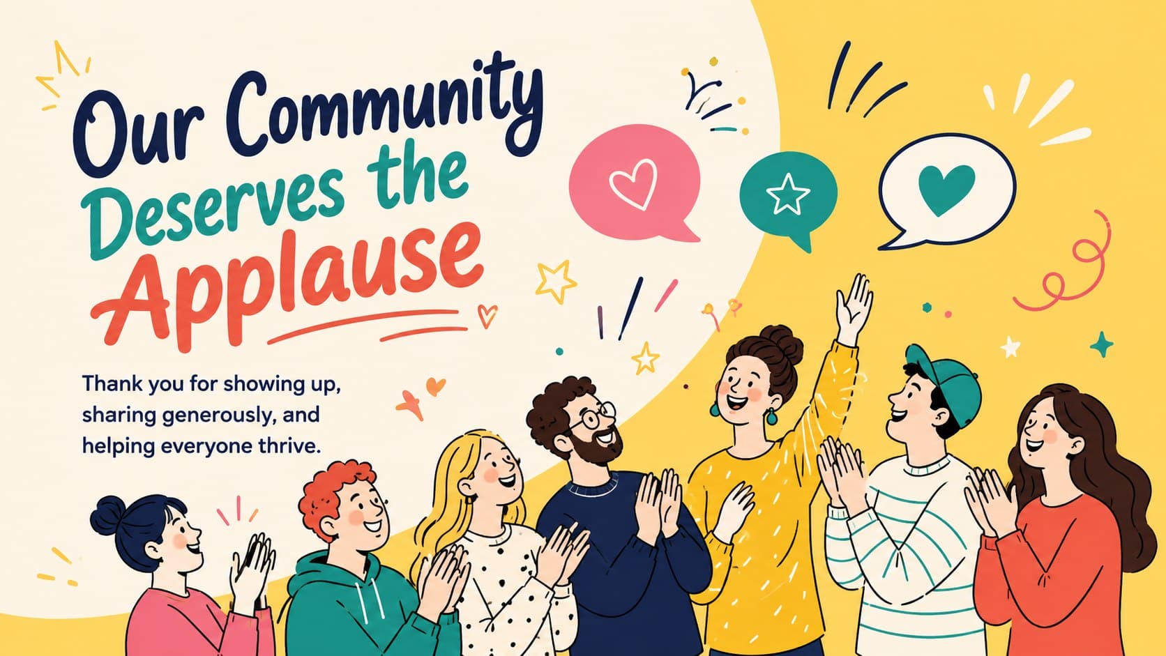 Cheerful community thank-you presentation slide with original illustrated supporters and a warm gratitude message.