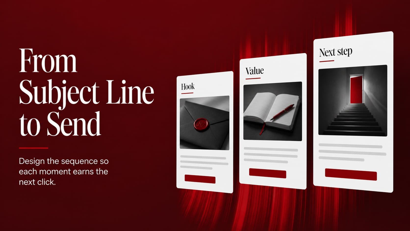 Animated email campaign slides concept showing a newsletter message moving through three editorial frames.