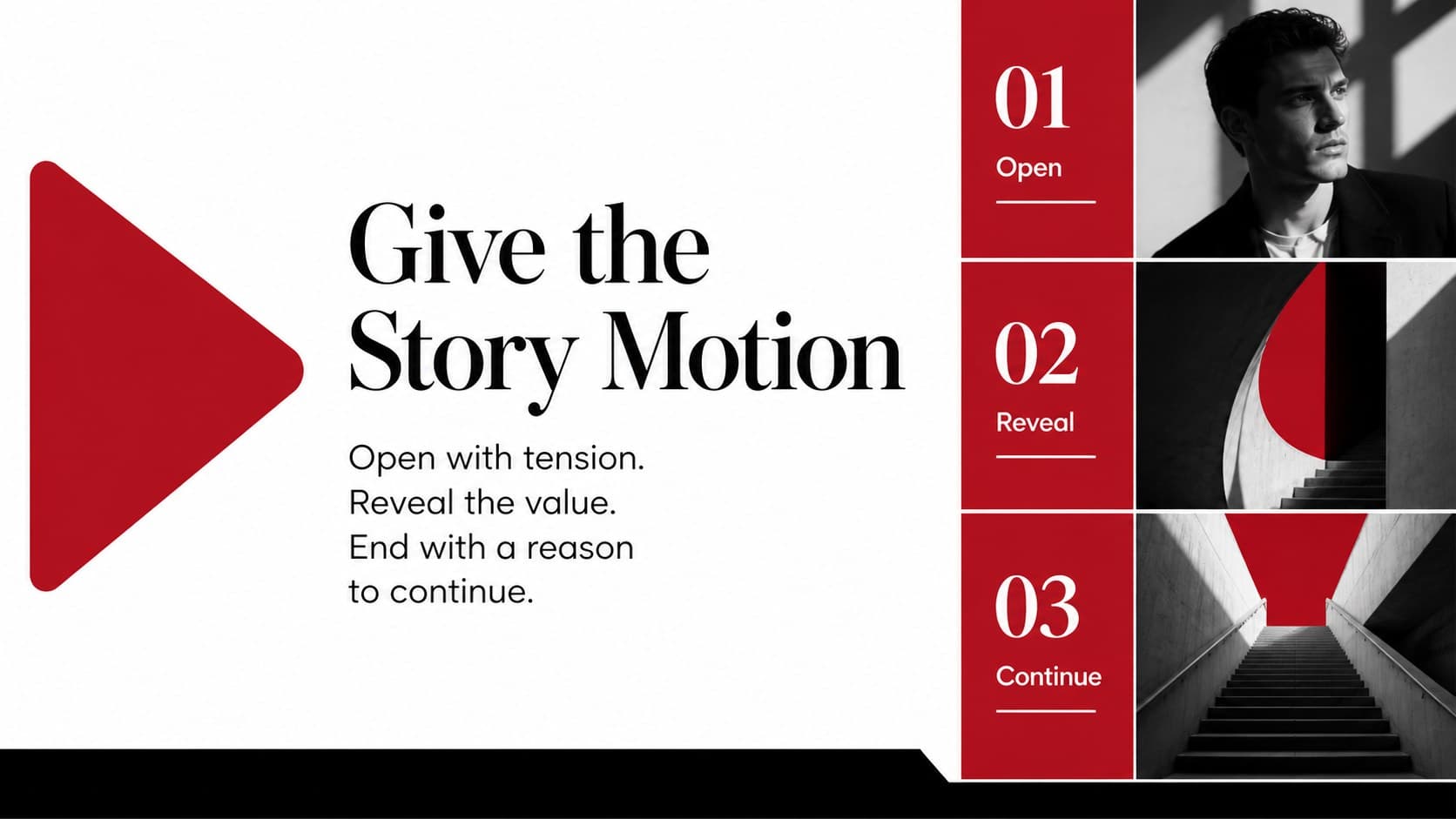 Video newsletter presentation slide with a bold play symbol, storyboard notes, and campaign pacing guidance.