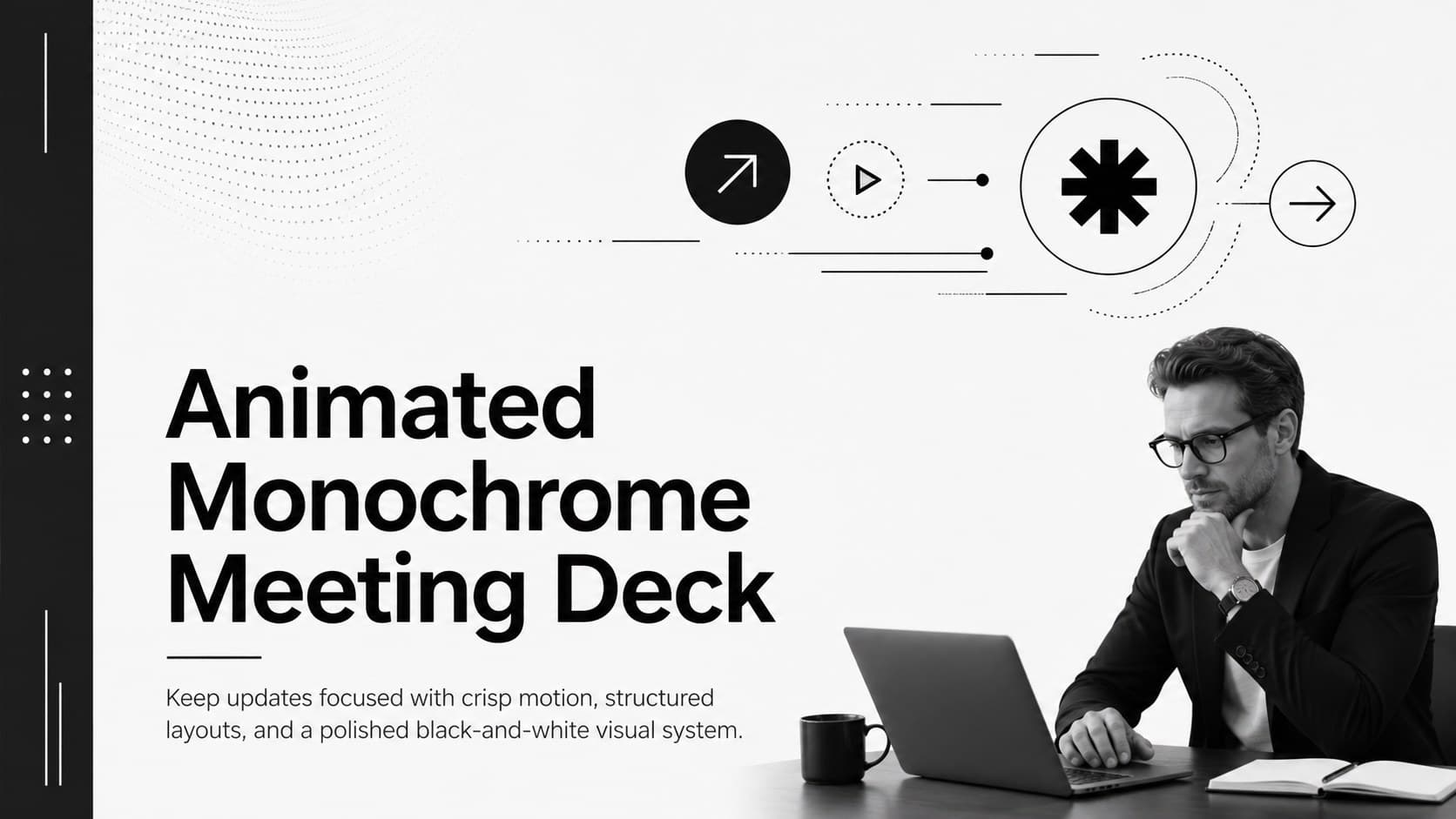 Cover of an animated monochrome meeting deck with bold black typography and abstract motion icons.