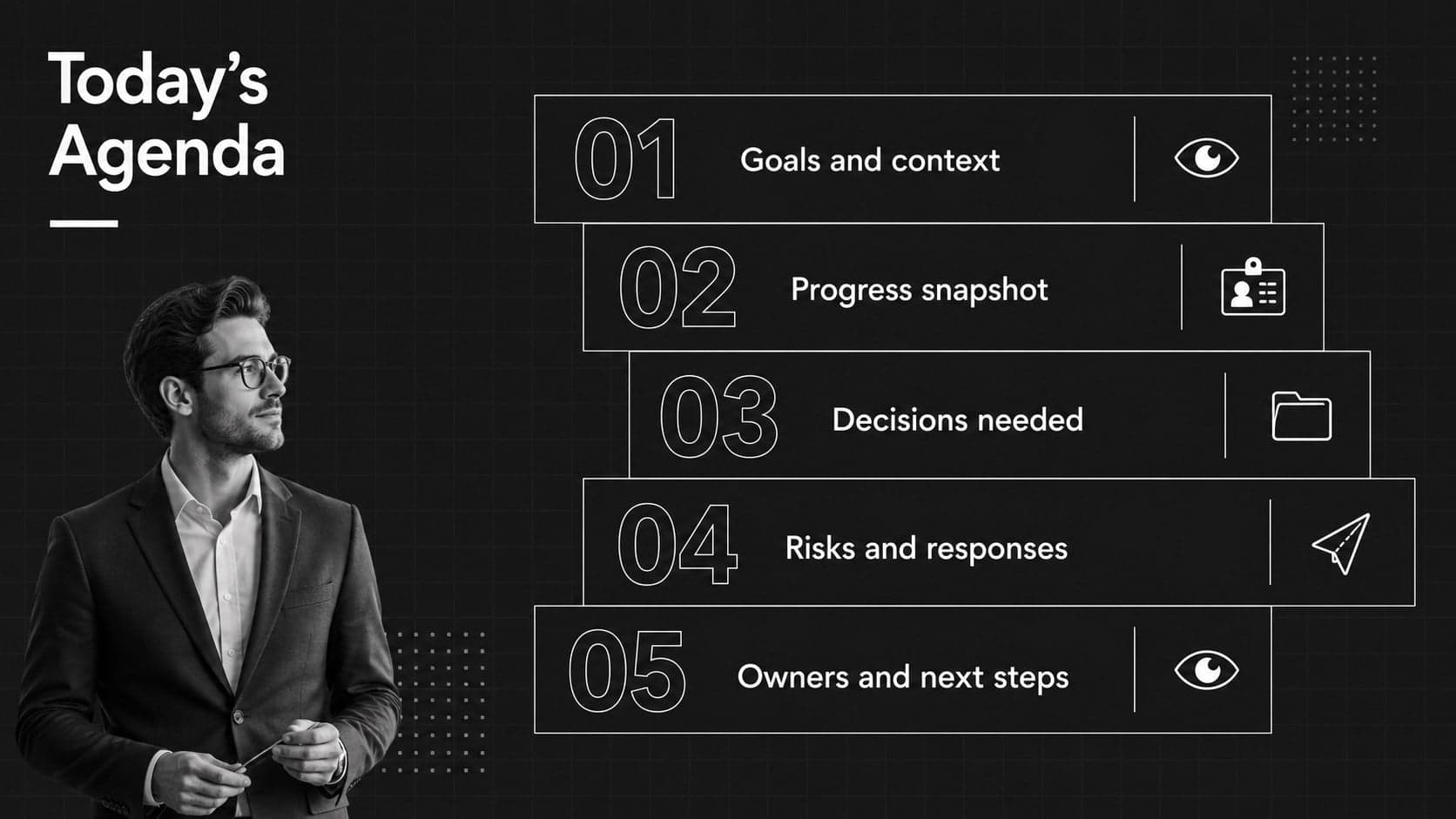 Professional animated agenda slide presenting five topics in a monochrome numbered layout.