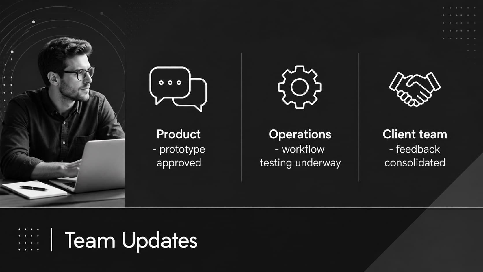 Clean stakeholder review deck slide organizing updates from product, operations, and client teams.