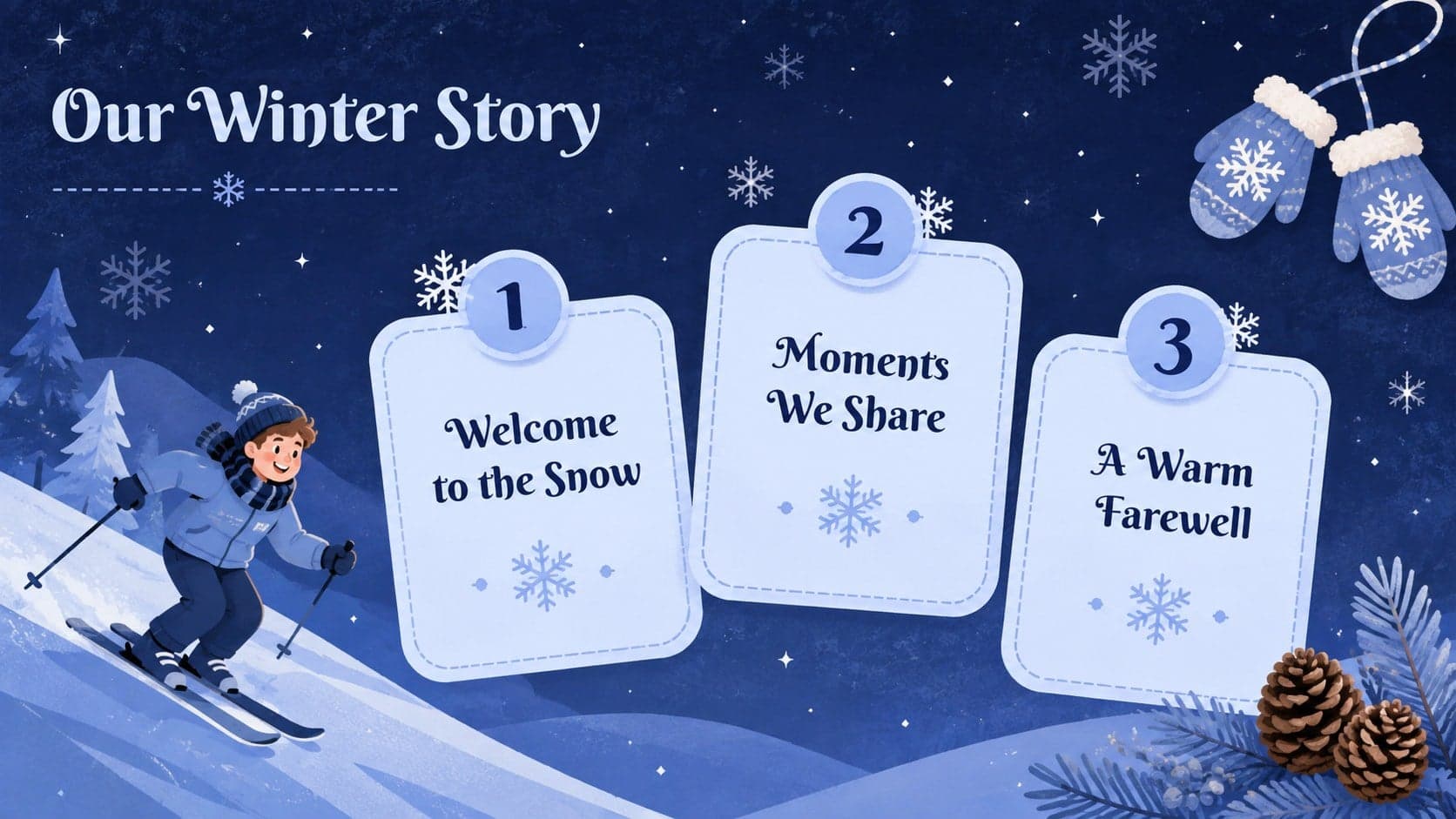 Blue winter presentation agenda introducing three chapters of a cheerful holiday story.