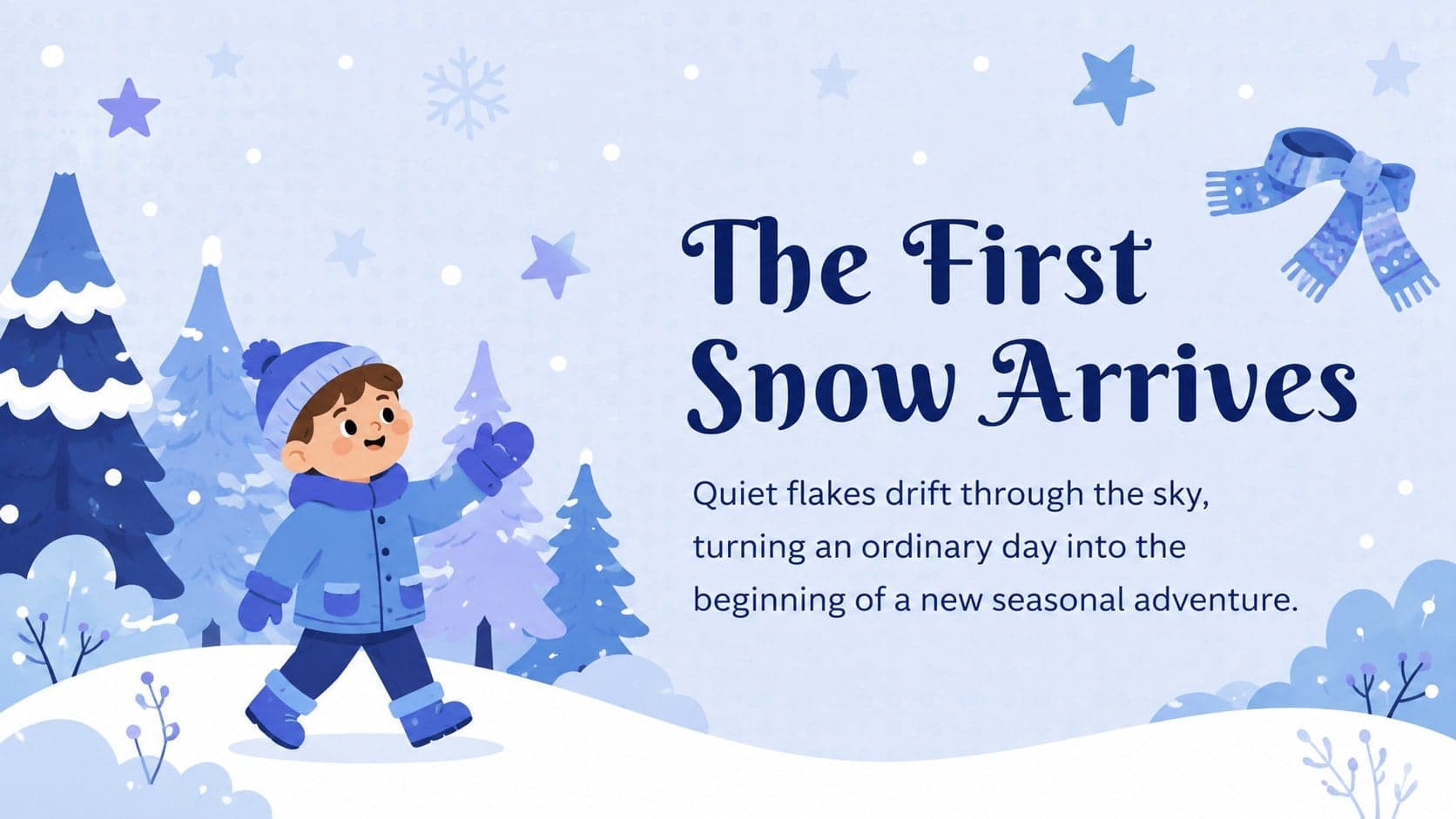 Animated snowfall holiday story slide featuring a short opening message and whimsical snow-covered trees.