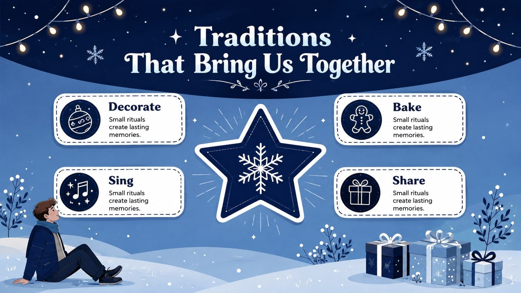 Blue Christmas lights presentation theme slide highlighting four cheerful seasonal traditions.
