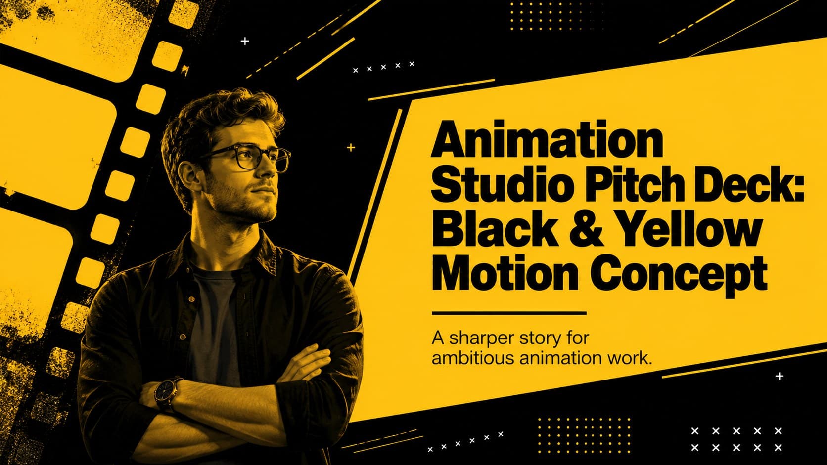 Black-and-yellow animation studio pitch deck cover with a bold motion-inspired composition.