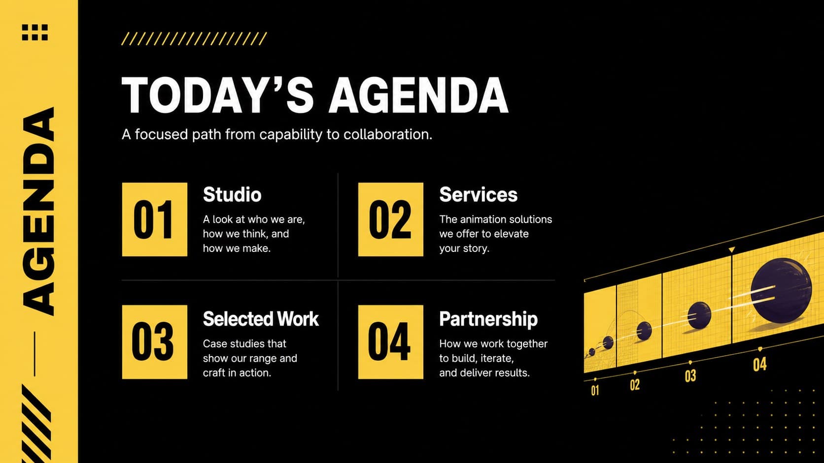 Agenda slide outlining the sections of a black-and-yellow creative studio presentation.