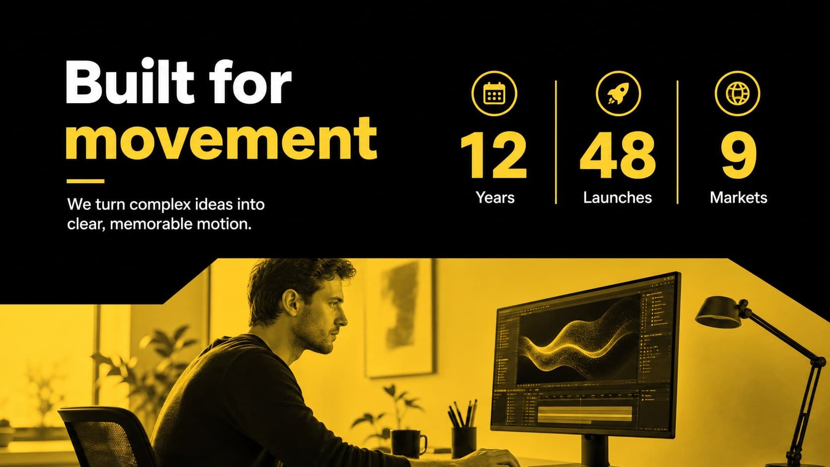Creative studio profile slide presenting an animation team and its positioning.