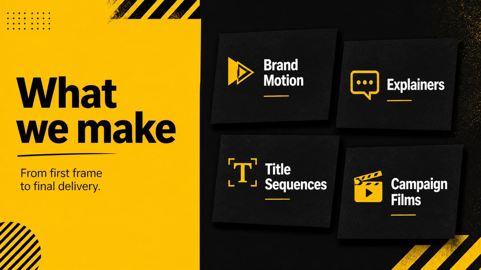 Animation and motion design services slide with modular black-and-yellow service blocks.