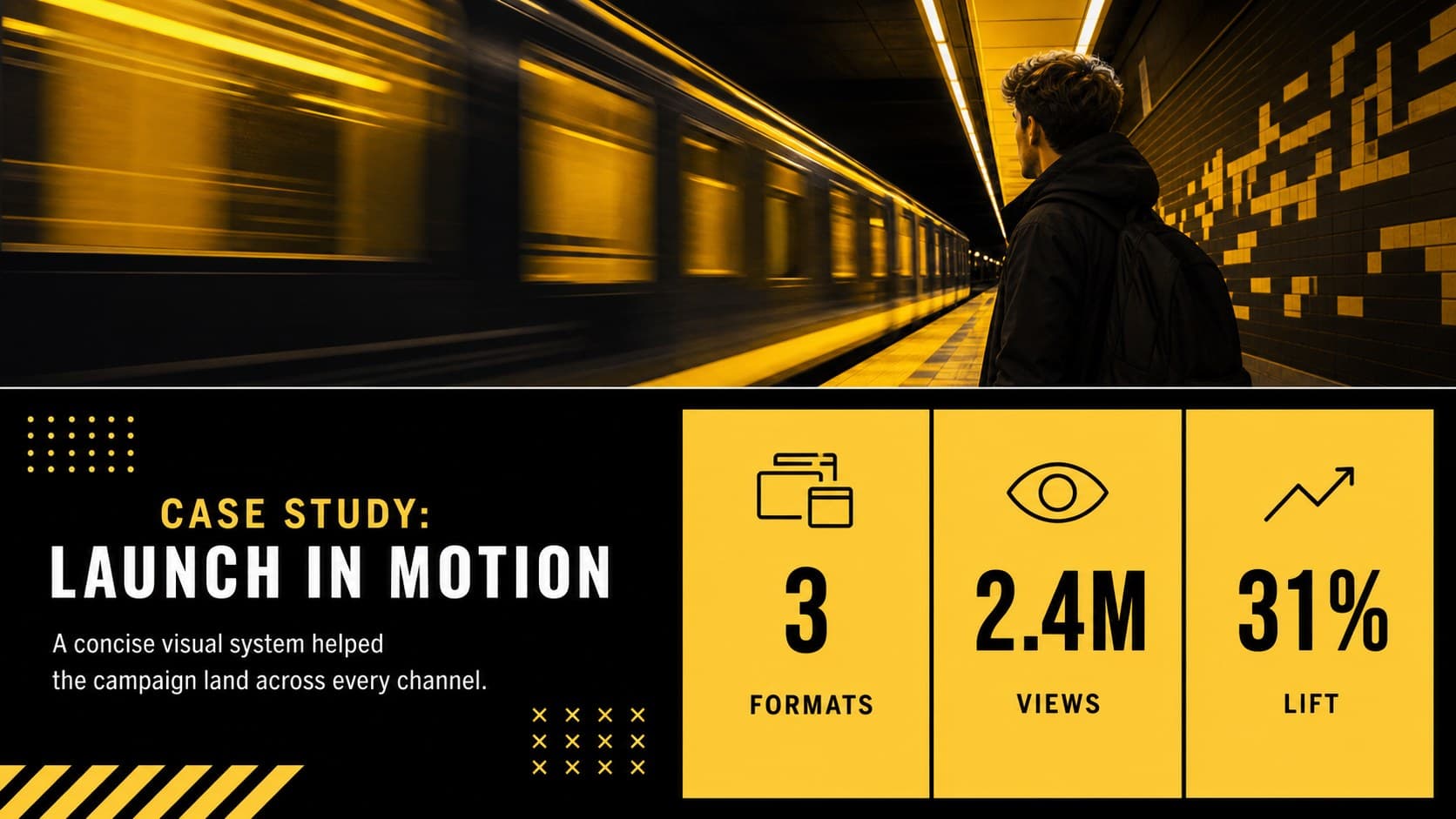 Animation project case study slide combining a project image, objectives, and outcome metrics.