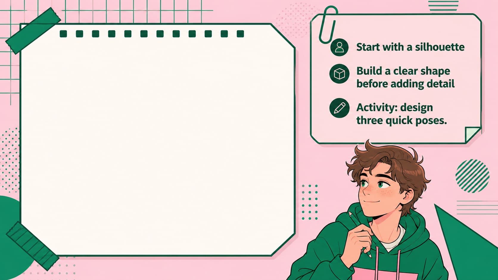 Anime character design lesson slide showing visual notes and a teen-friendly drawing exercise.