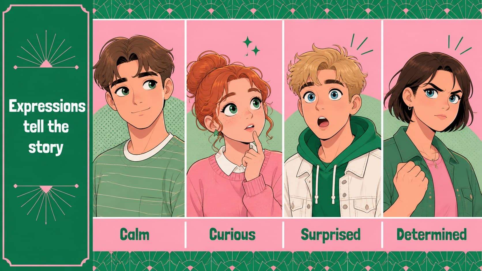High-school anime drawing lesson slide presenting facial expression practice with colorful illustrated examples.