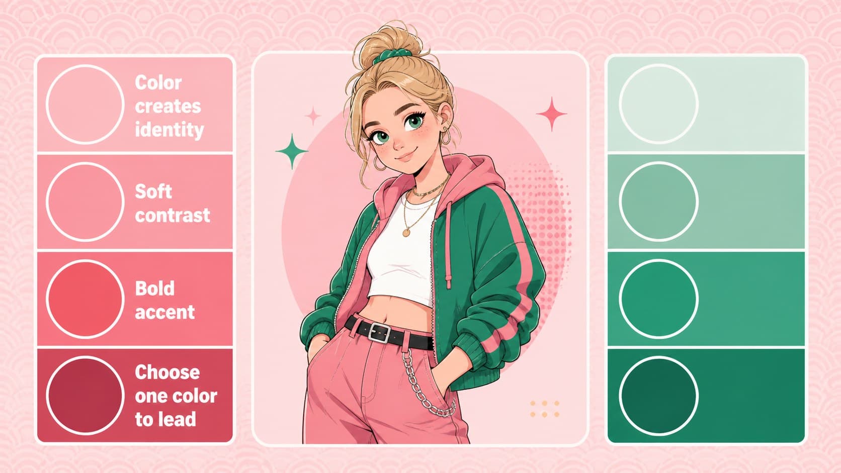 Japanese pop culture art class slide comparing color palettes for an anime-inspired character.