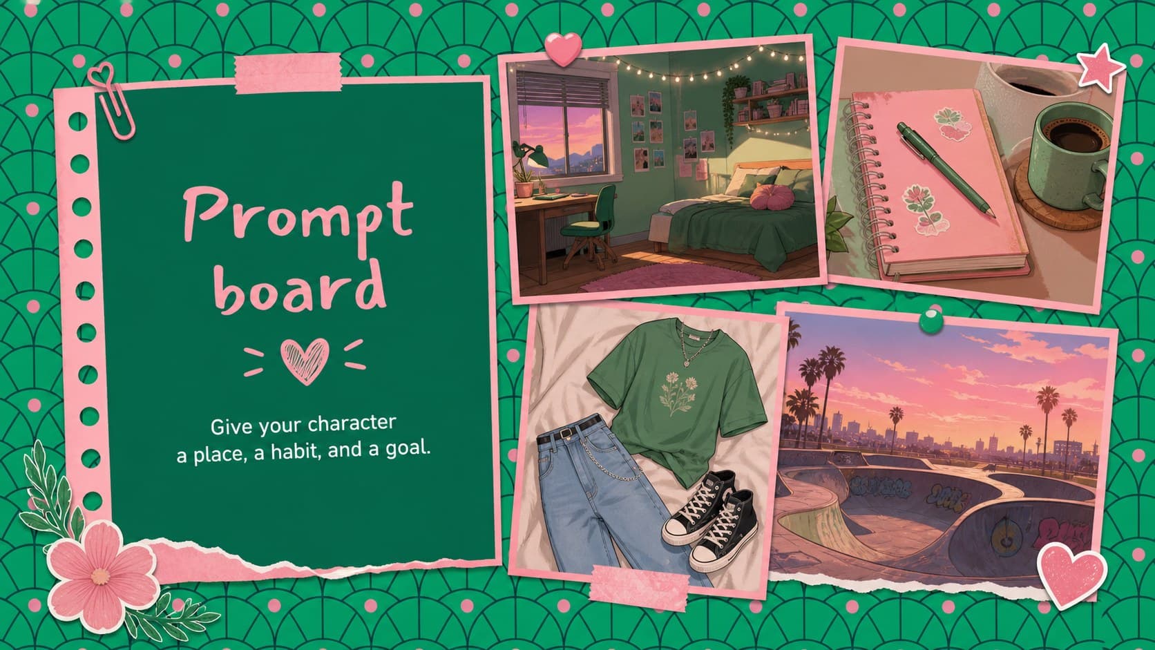 Teen character illustration workshop slide featuring a visual reference board and creative prompt.