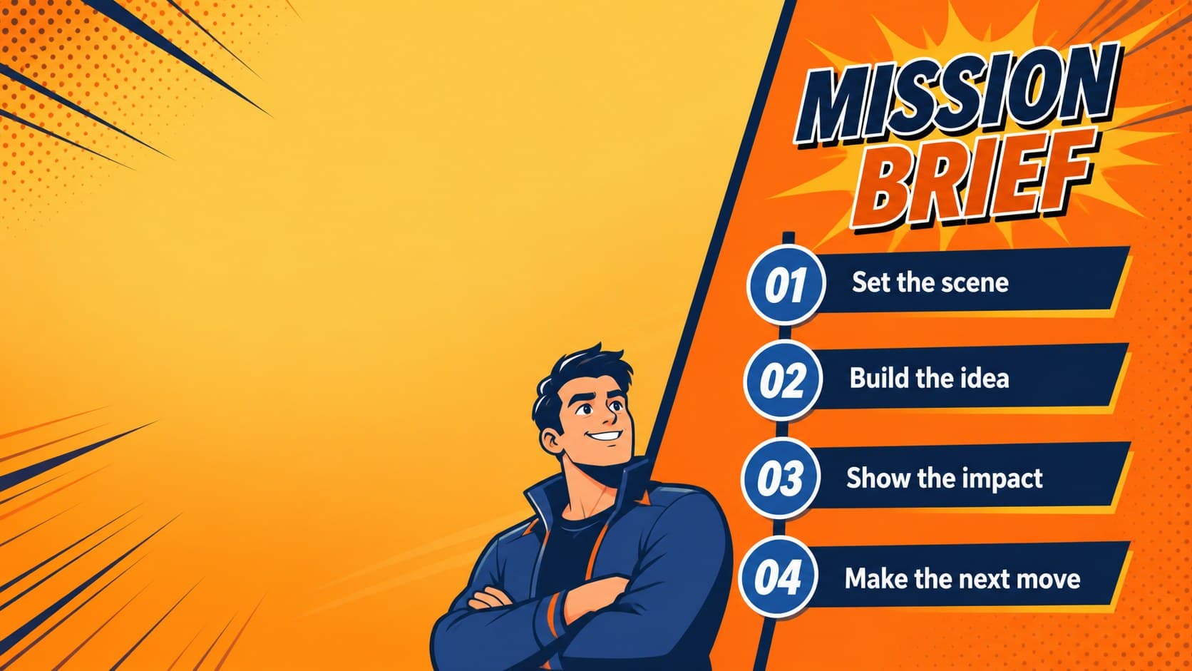 Anime storyboard presentation agenda with numbered sections, orange accents, and navy comic-inspired framing.