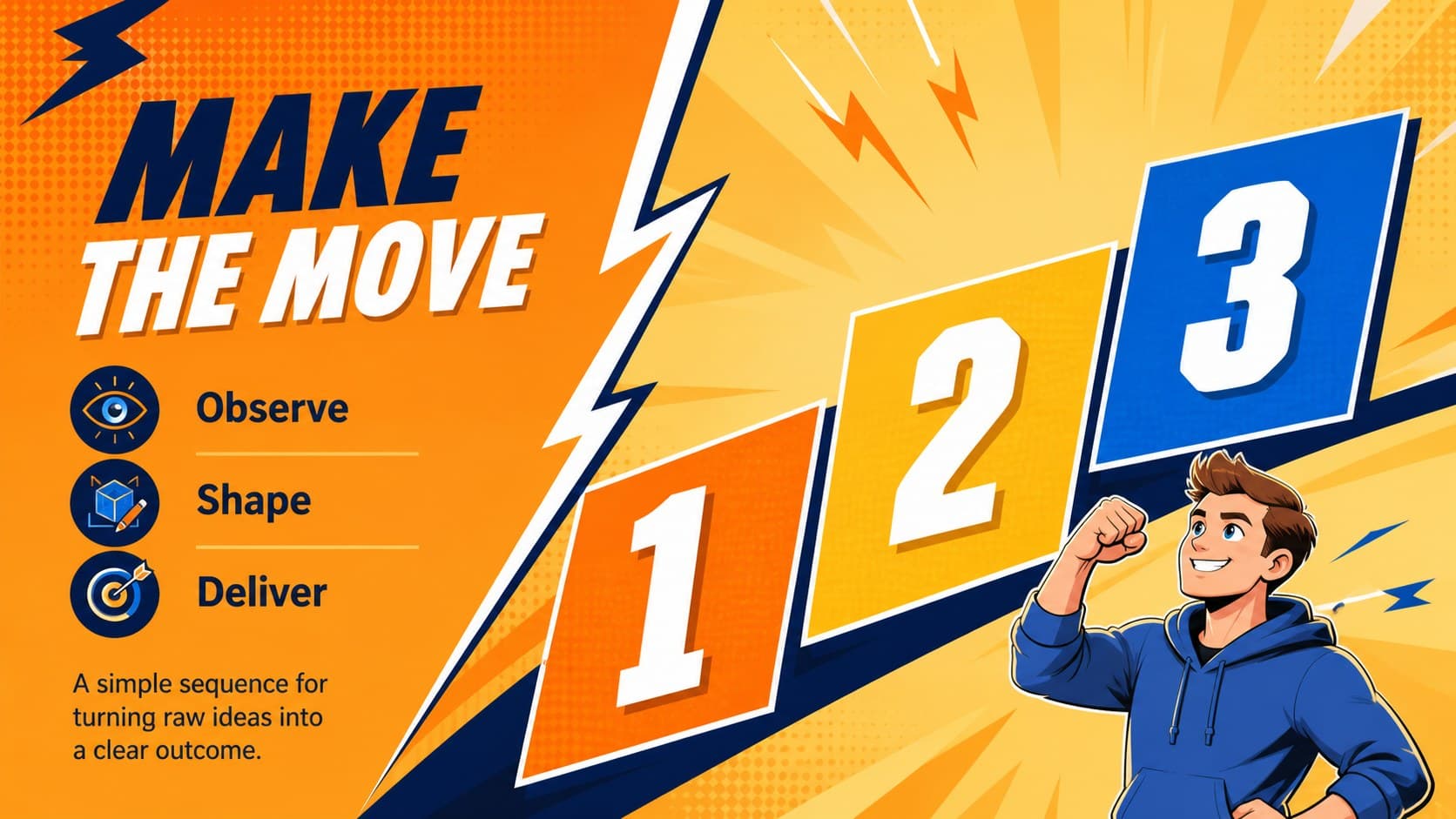 Orange comic presentation design with a three-step process and illustrated action markers.