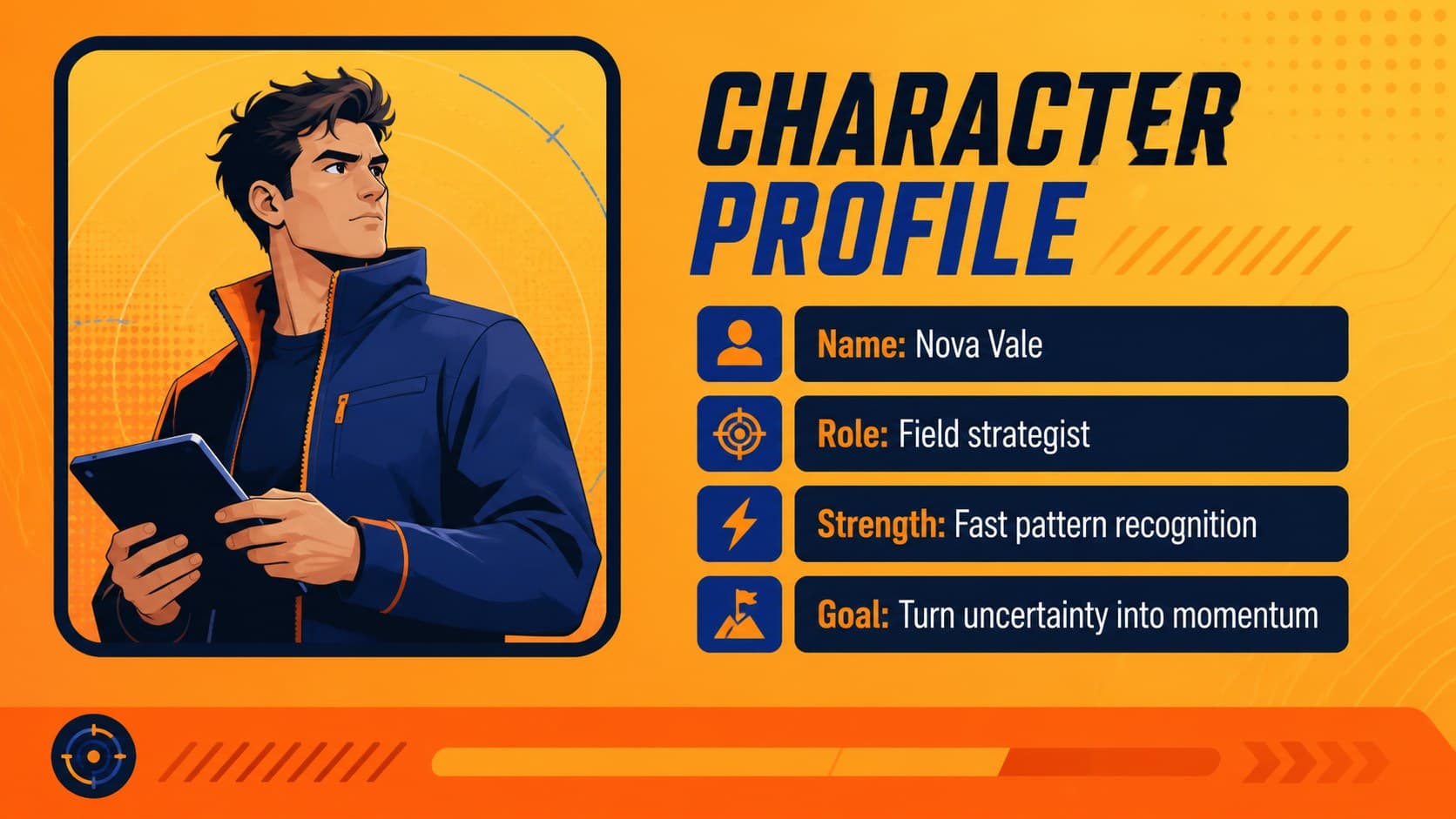 Anime character pitch deck slide introducing an original hero profile with stats and image space.