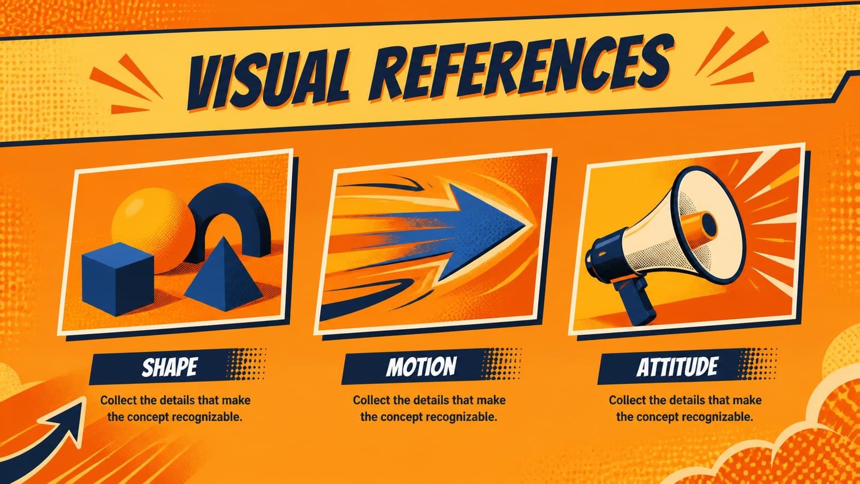 Creative fandom slide deck layout showing three visual references with captions and bold yellow accents.