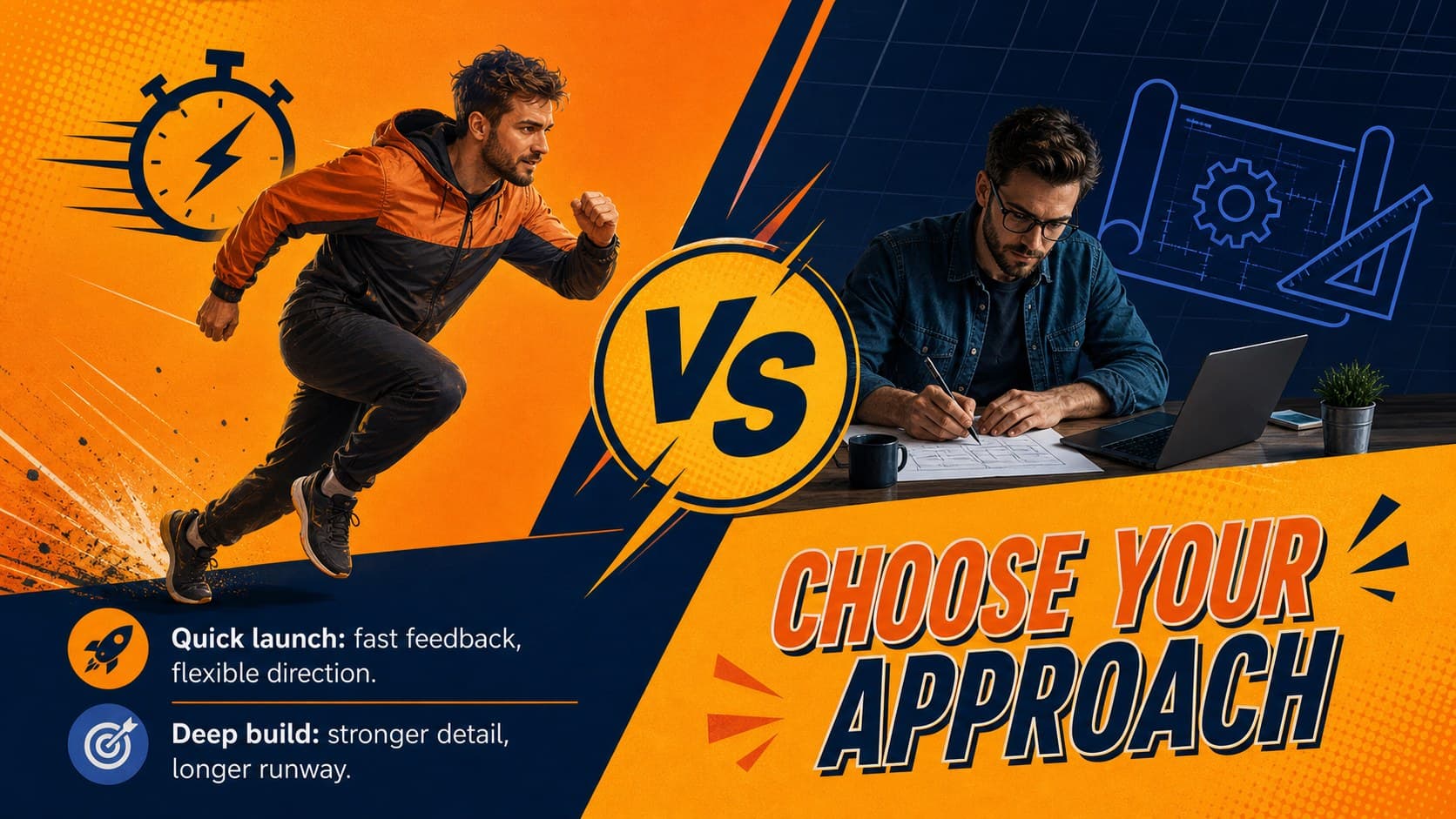 Ninja themed lesson slides showing a comparison between two approaches in orange and blue panels.