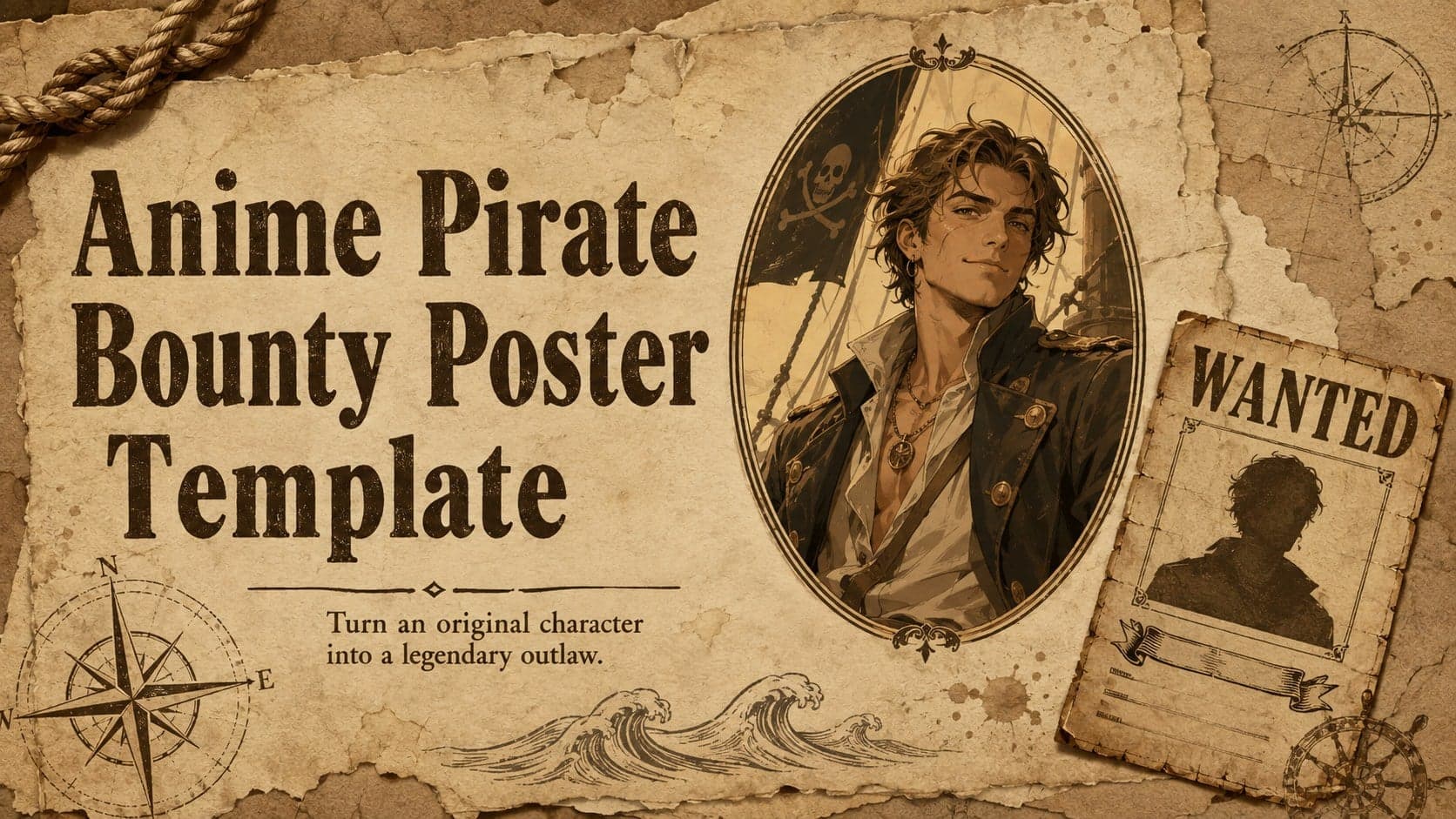 Cover for an anime pirate bounty poster template with an original adventurer portrait, aged beige paper, and dark brown typography.