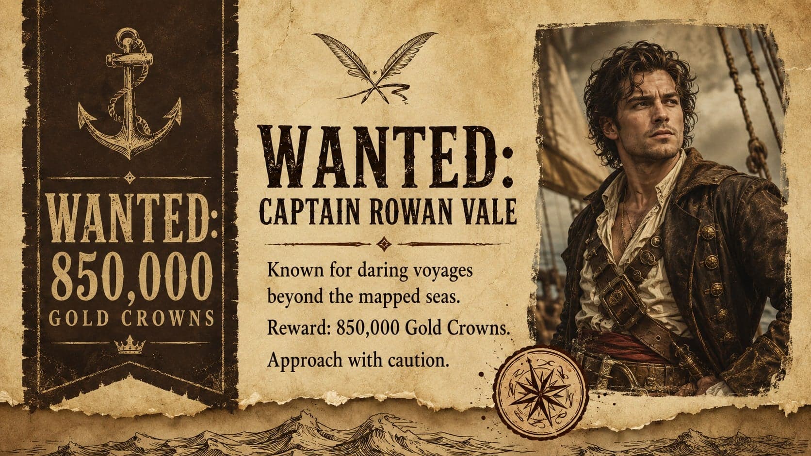 Editable pirate reward poster showing an original captain portrait, custom bounty amount, and vintage manga-inspired beige styling.
