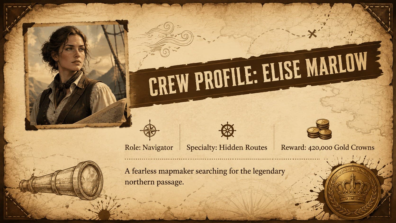 Pirate character introduction slide with an original navigator, profile details, reward figure, and aged-paper design.