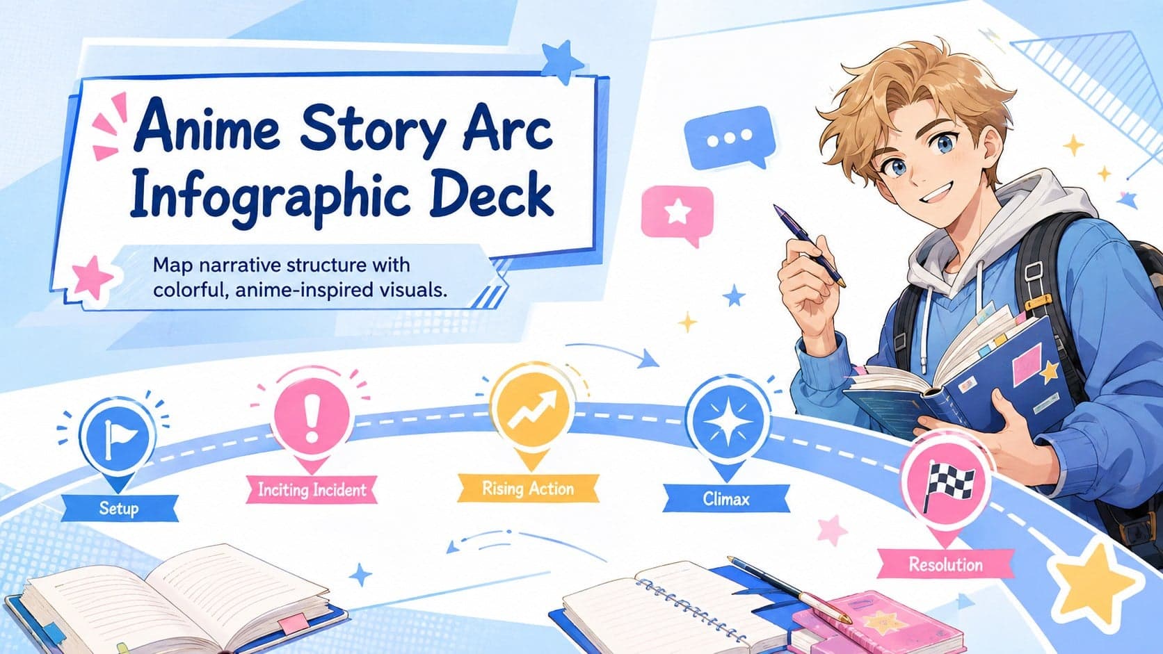 Cover of an Anime Story Arc Infographic Deck with colorful pastel-blue classroom illustrations.
