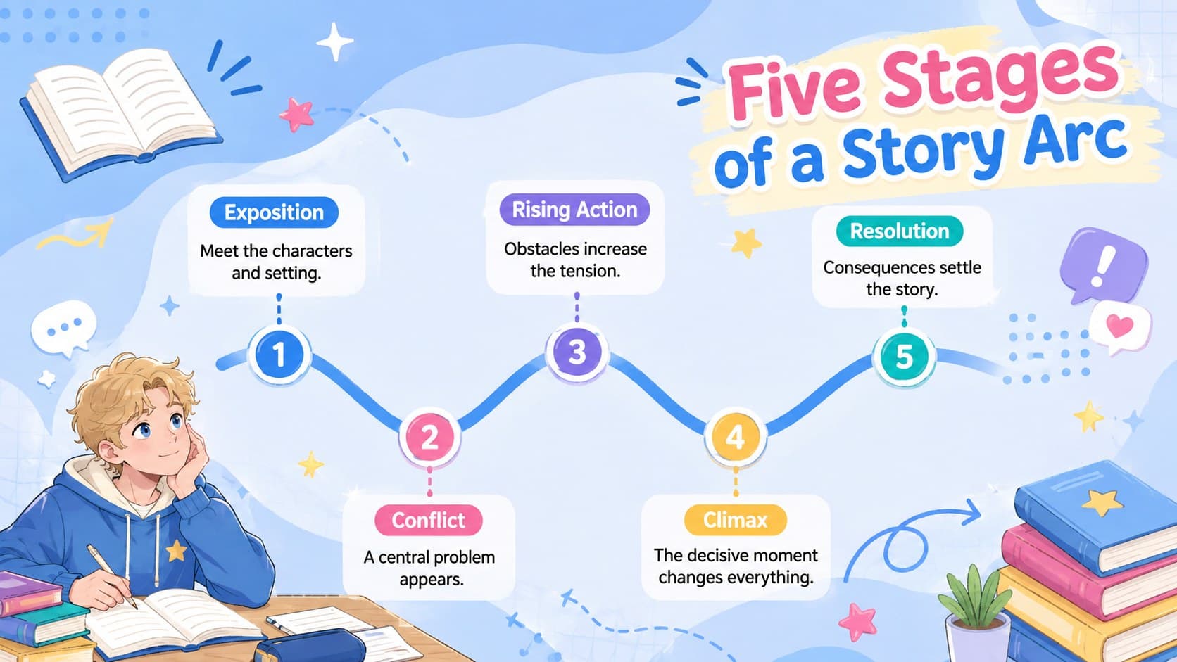 Anime-inspired narrative arc infographic showing exposition, conflict, rising action, climax, and resolution.