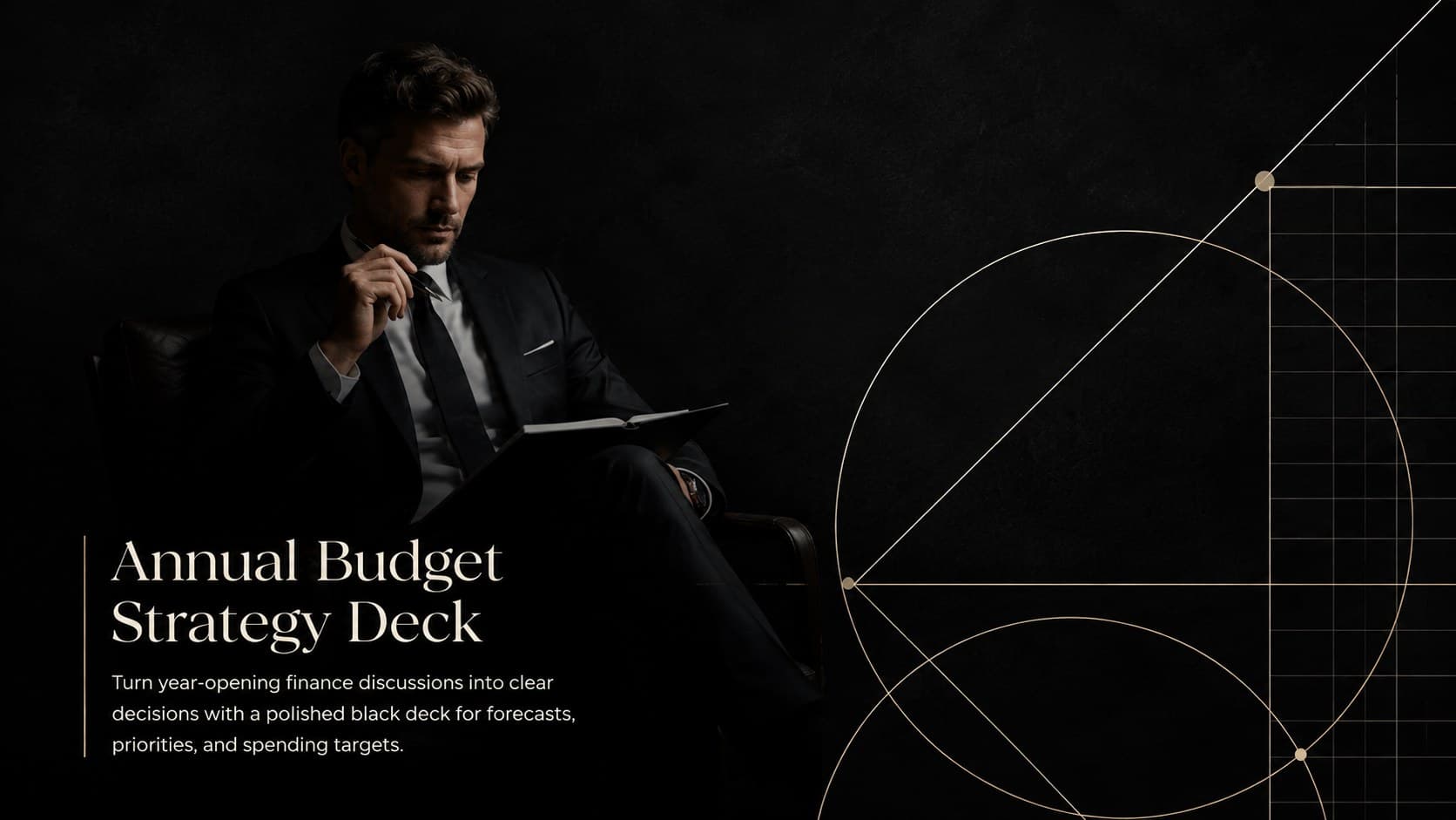 Black minimalist cover for an annual budget strategy deck with an elegant financial planning title.