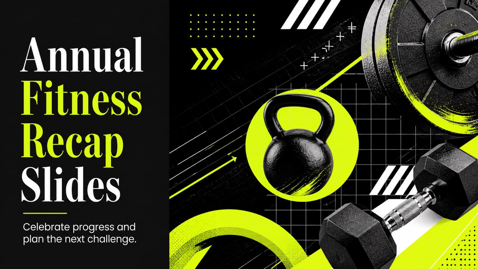 Bold cover slide for annual fitness recap slides featuring neon green typography, black textures, and a dynamic workout collage.