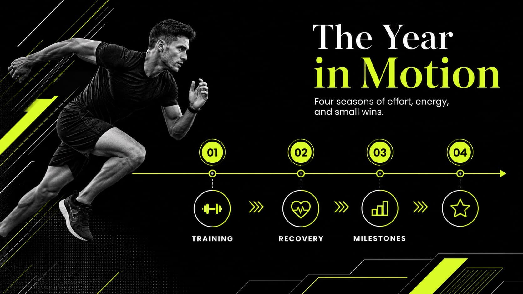 Annual fitness recap overview slide showing movement highlights, workout categories, and a neon green data accent.