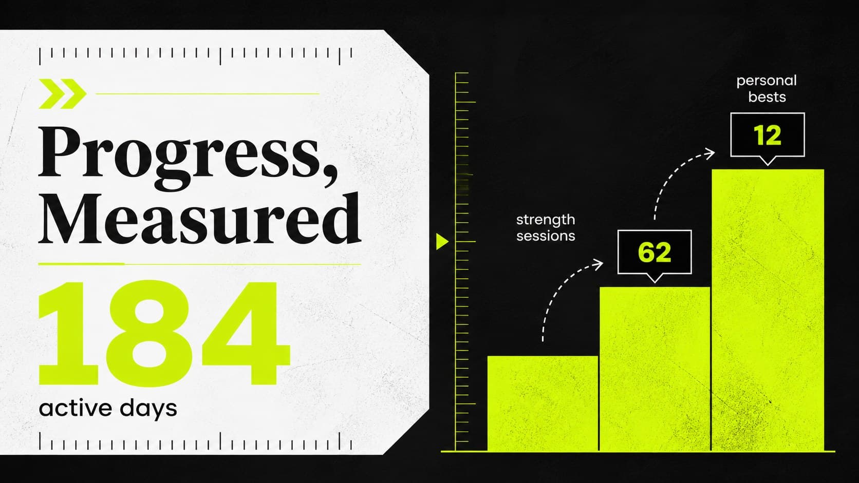 Workout progress presentation template slide with large annual movement statistics and contrasting neon chart bars.