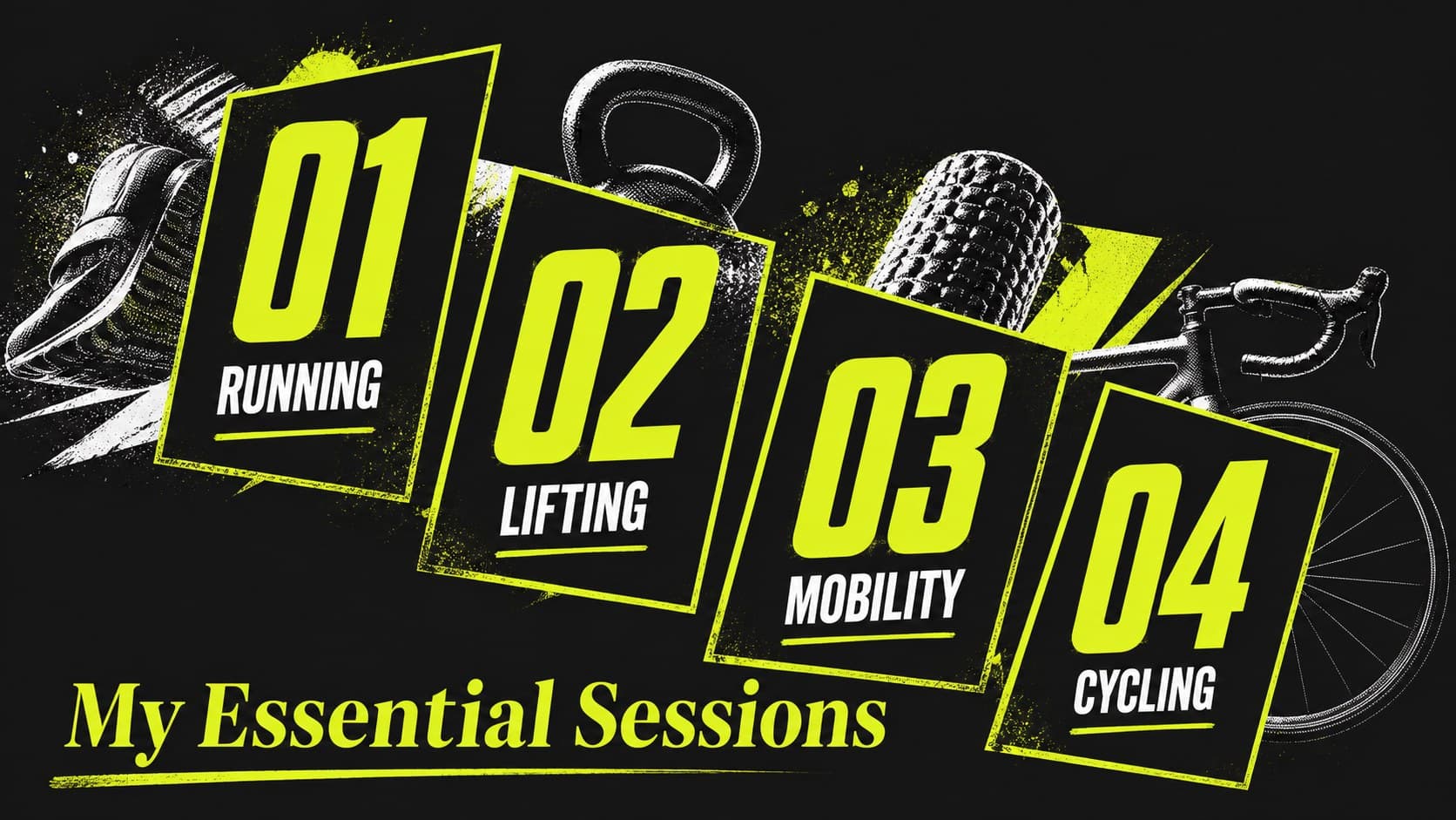 Year in fitness slideshow layout displaying favorite workouts as bold numbered categories with neon green labels.