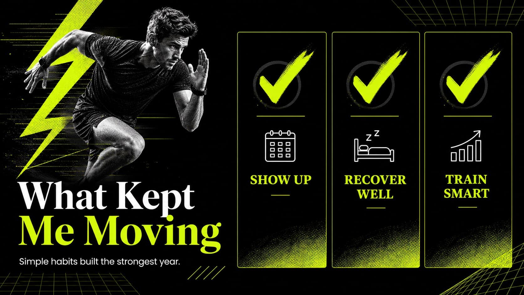 Wellness goals slide presentation showing balanced training priorities in a bold black and neon green checklist layout.