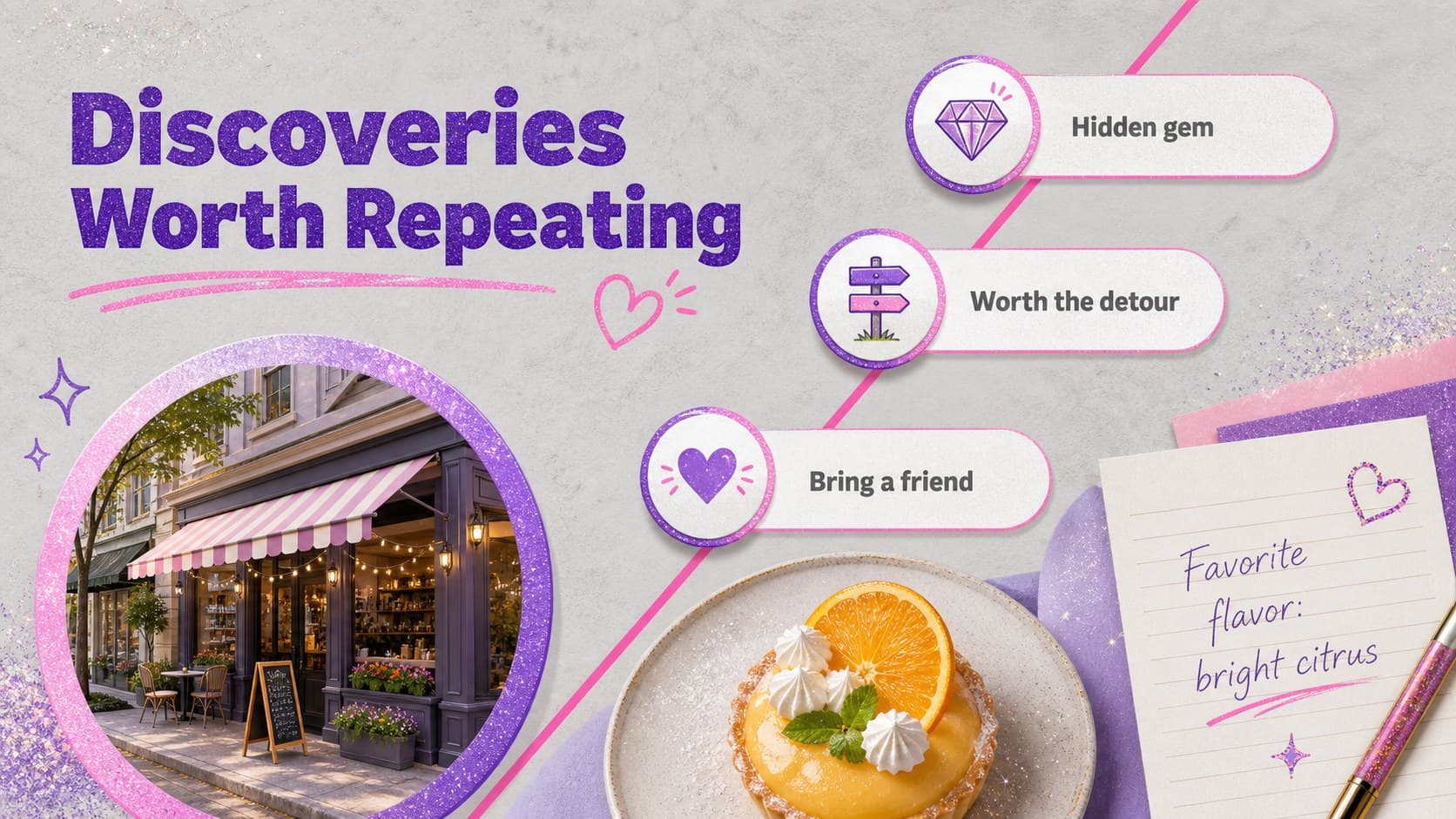 Culinary discoveries slide organizing memorable restaurants, hidden gems, and favorite flavors from the year.