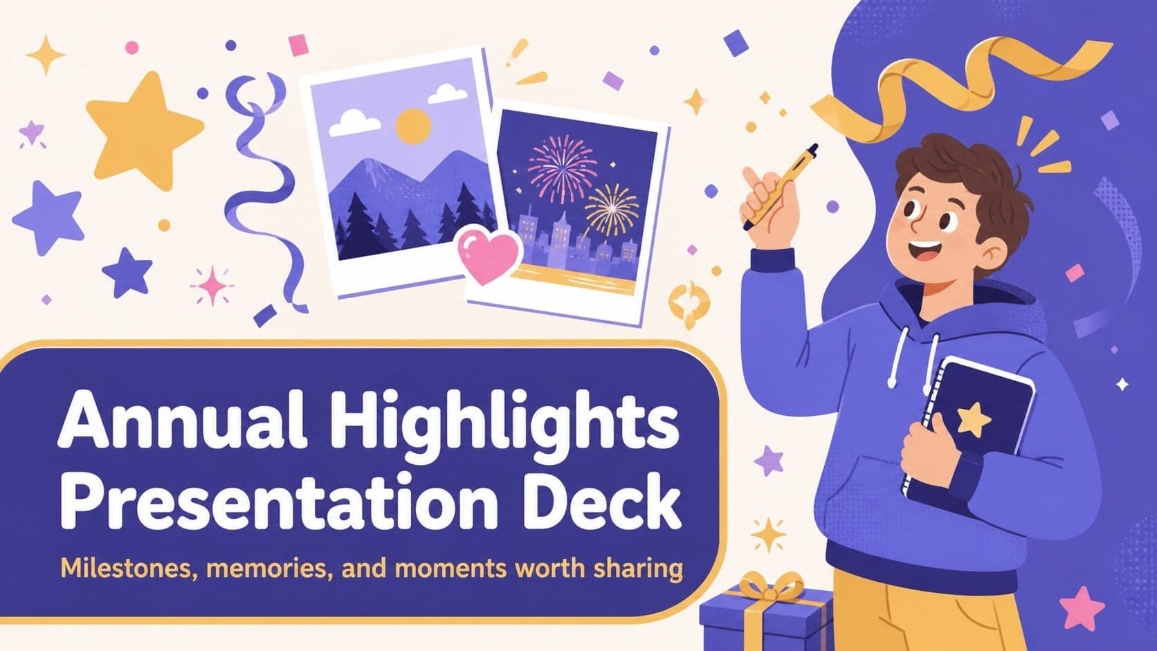 Illustrated cover for an annual highlights presentation deck with colorful purple and yellow accents.