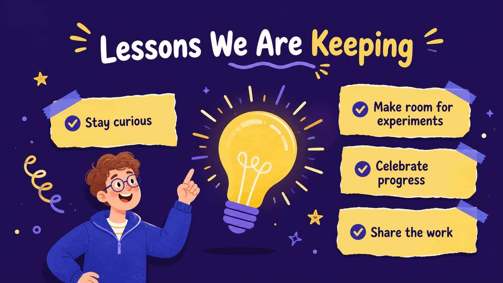 Lessons learned slide for an illustrated year-end reflection presentation.