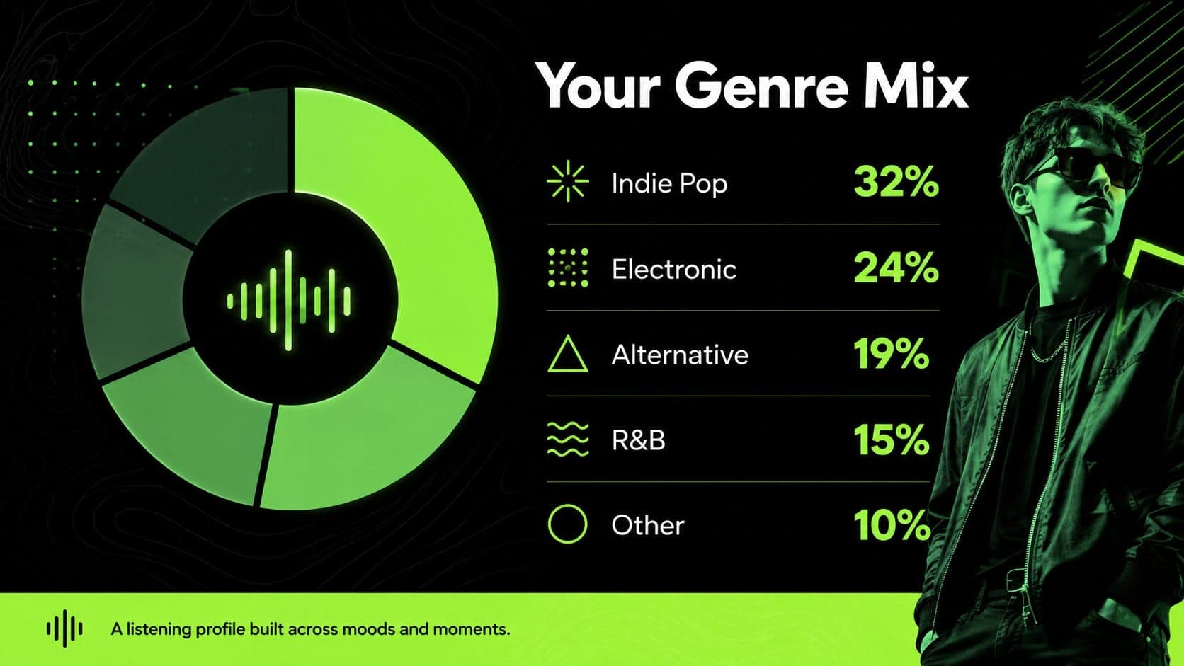 Favorite music genres slide featuring a radial chart and percentage breakdown.