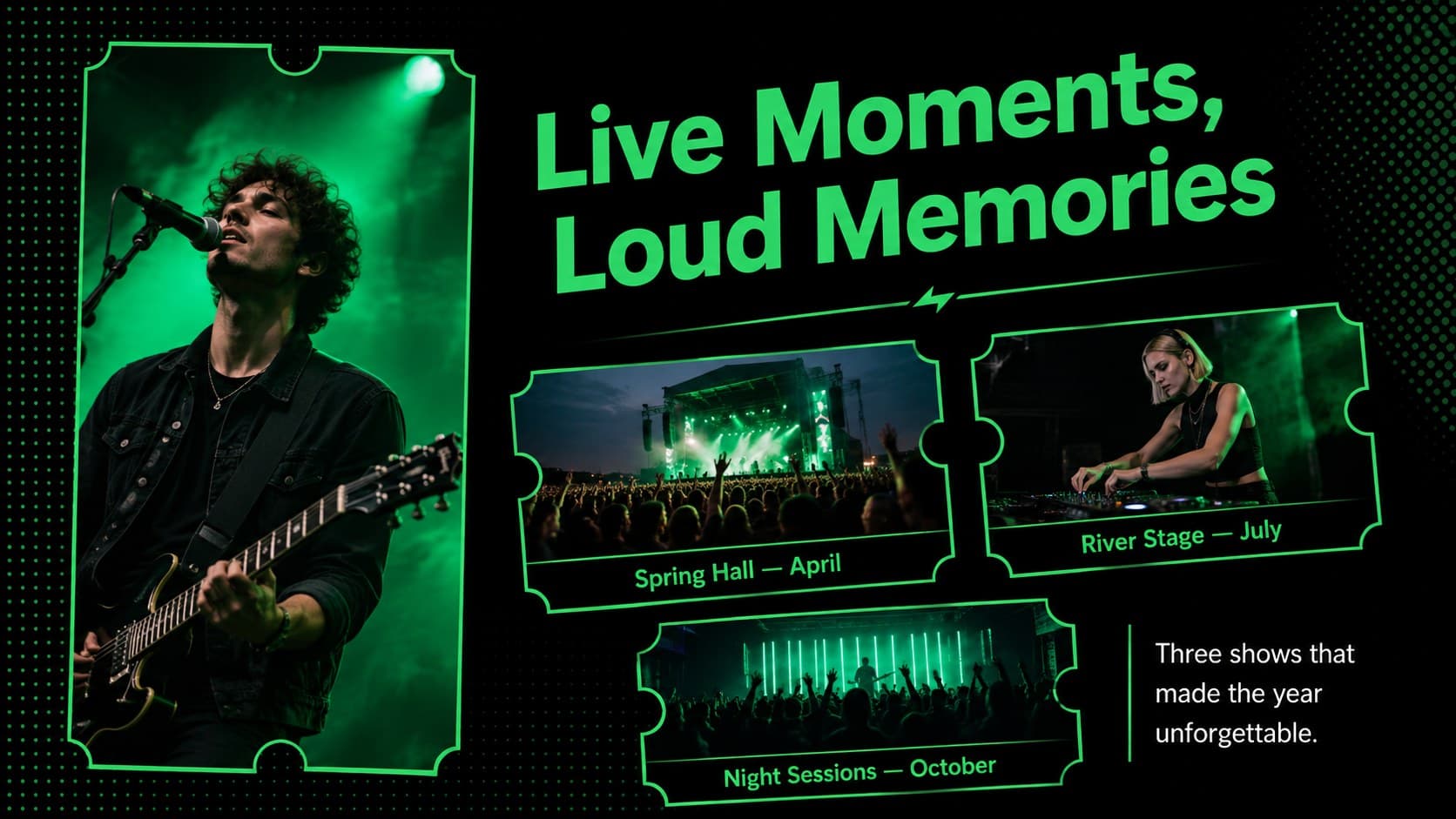 Concert highlights slideshow page with three live-event photos and memorable show details.