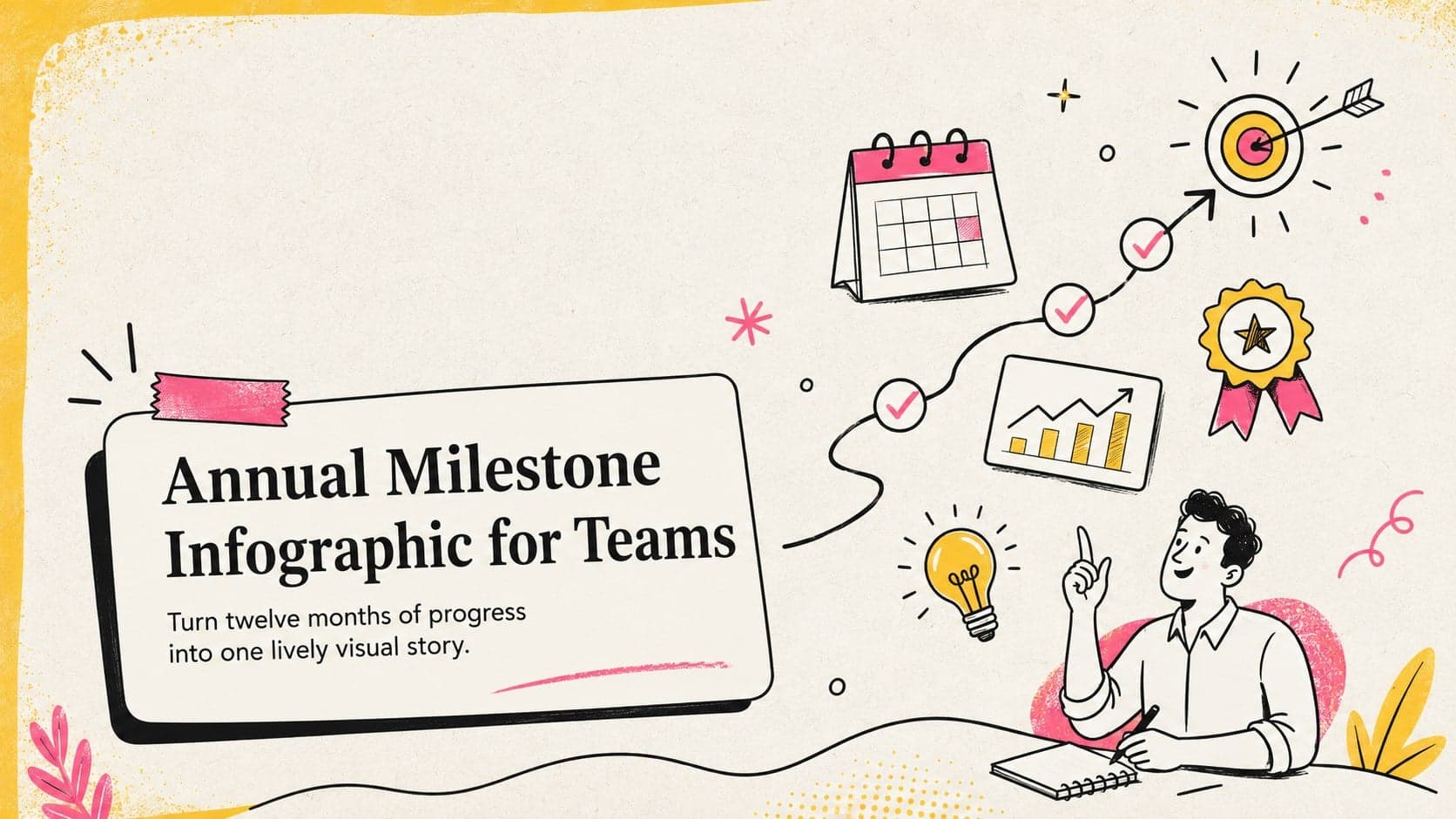 Cover for an annual milestone infographic with corporate doodles and bright yellow and pink accents.