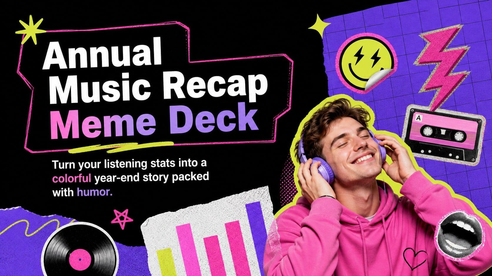 Colorful cover for an annual music recap meme deck with playful listening icons and bold year-end typography.