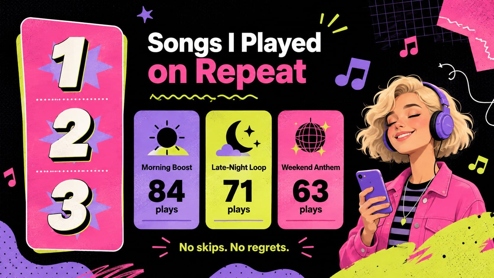 Playful music stats meme presentation slide ranking repeat listens with colorful illustrated charts.