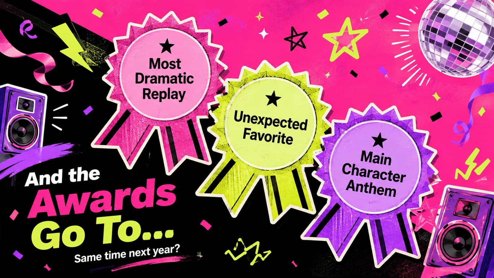 Funny streaming recap presentation closing slide featuring personalized music awards and a shareable final message.