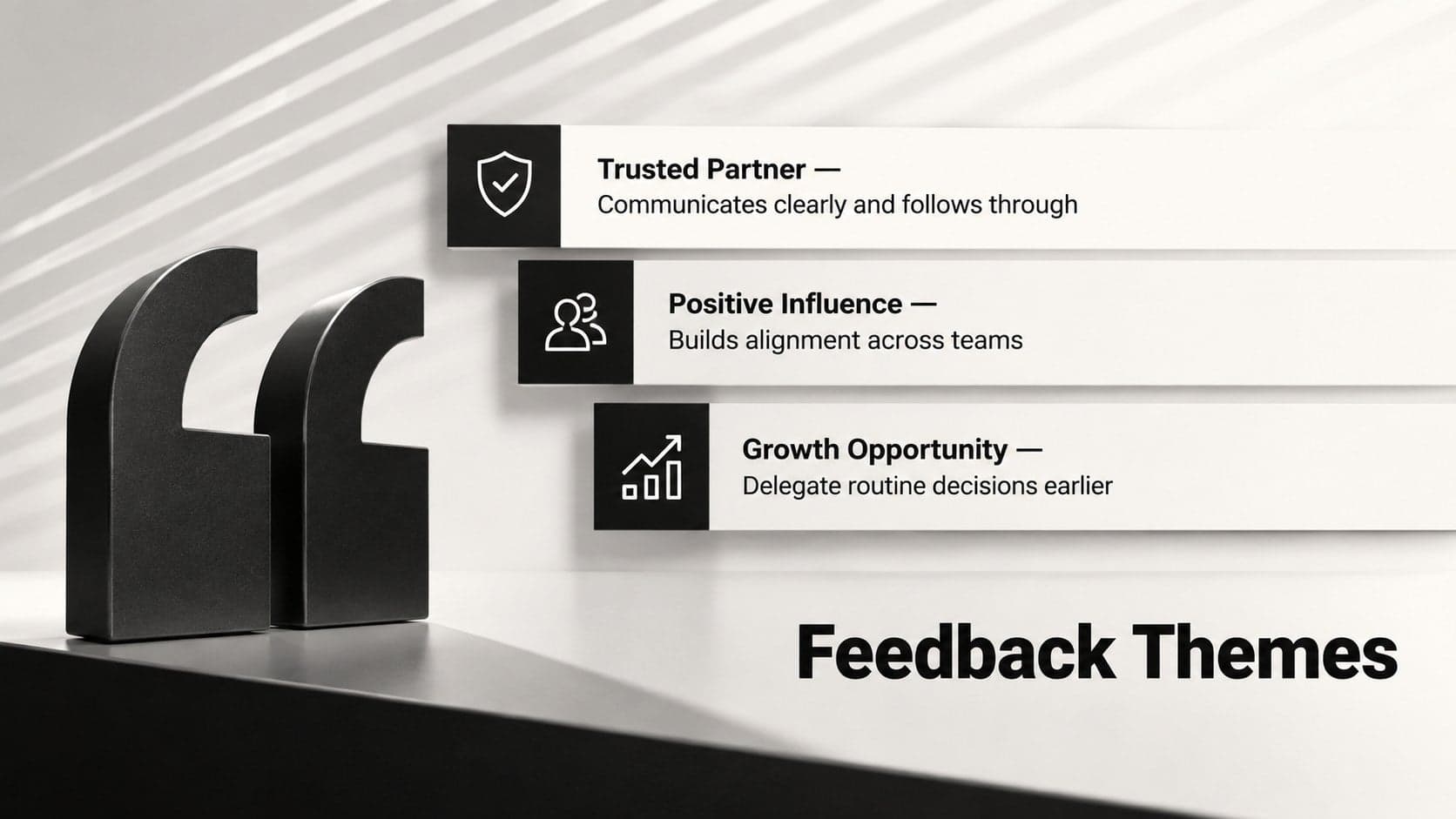 Employee feedback summary slide presenting strengths, observations, and a development opportunity.