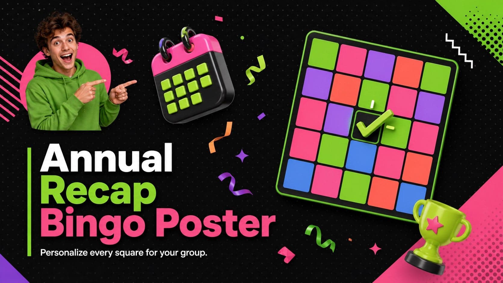 Annual Recap Bingo Poster cover with bold 3D decorations in black, green, and pink.
