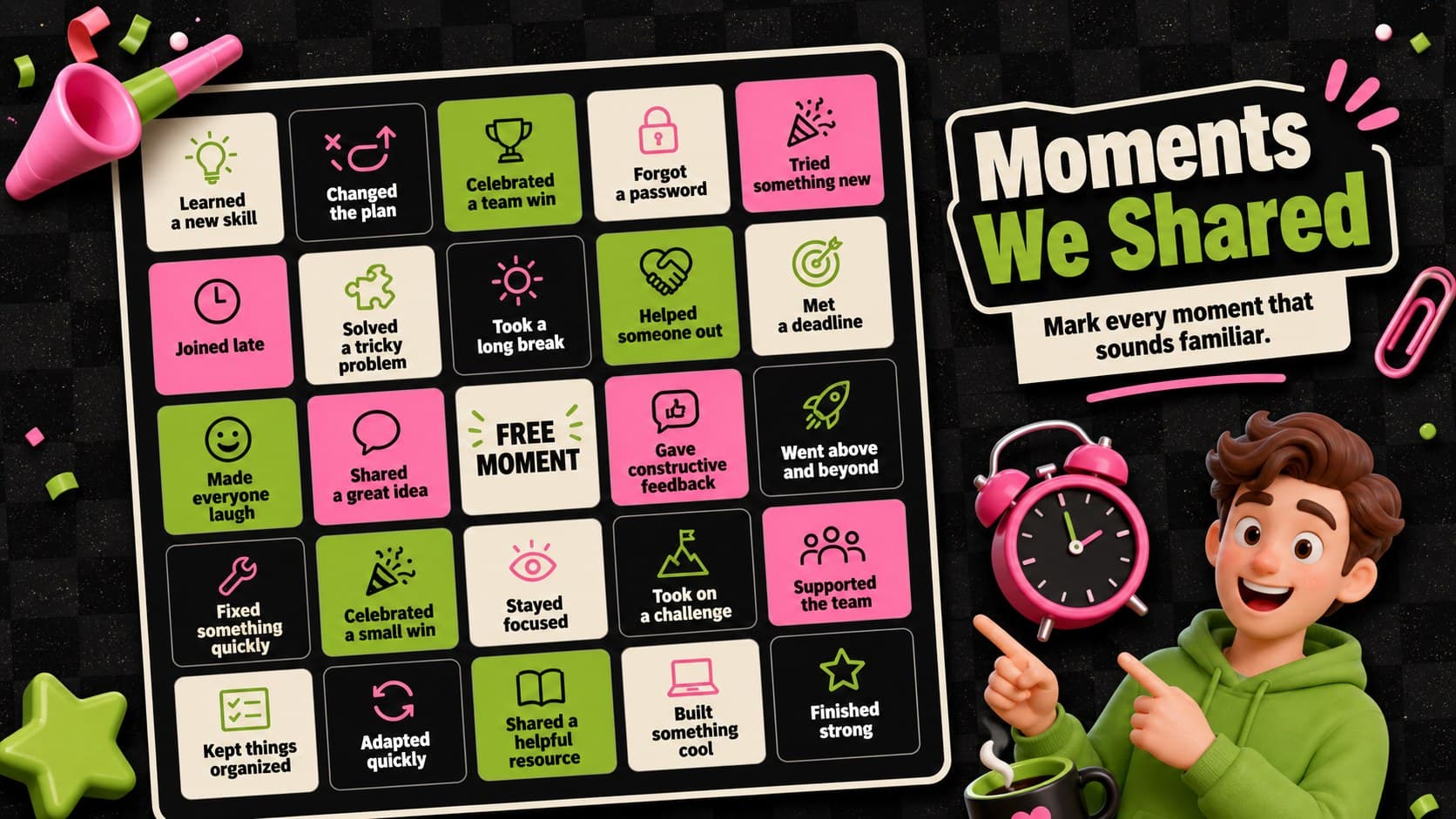 Customizable bingo poster for teams featuring a colorful five-by-five annual recap game grid.