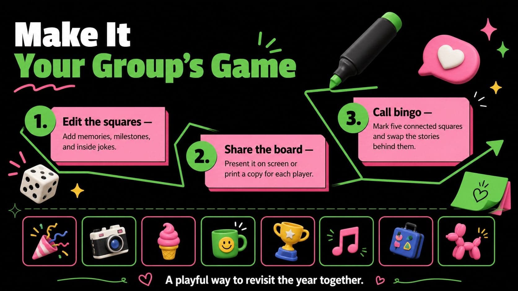 Annual recap bingo poster instructions slide with three steps for customizing and playing the group activity.