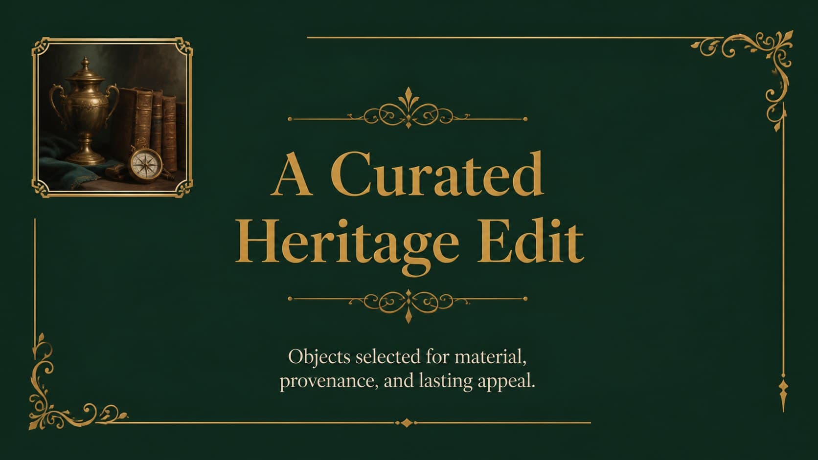 Antique collection lookbook introduction slide presenting a curated heritage assortment.