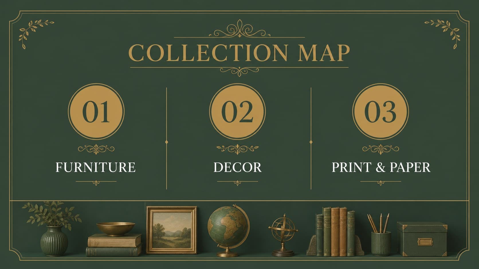 Vintage collectibles lookbook slide organizing featured objects by collection category.
