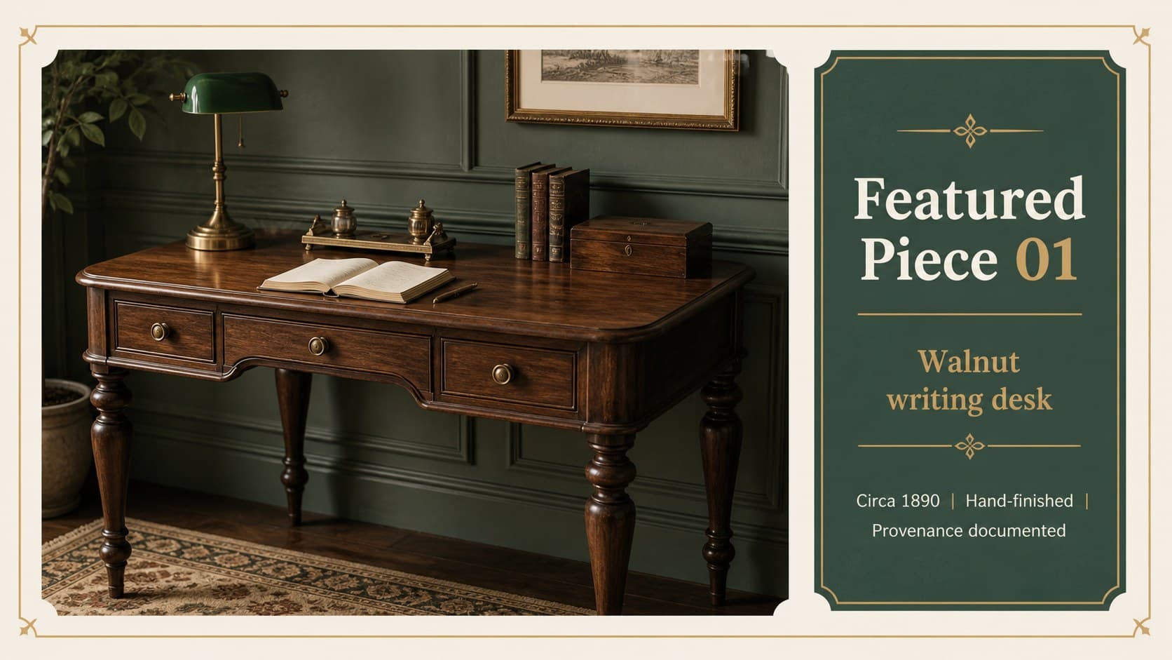 Antique product presentation slide highlighting one ornate collectible with editorial details.